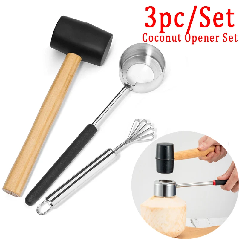 

3Pcs/set Long-Lasting Food Grade Practical Lightweight Coconut Opener Tool Set Stainless Steel Opener with Wooden Mallet