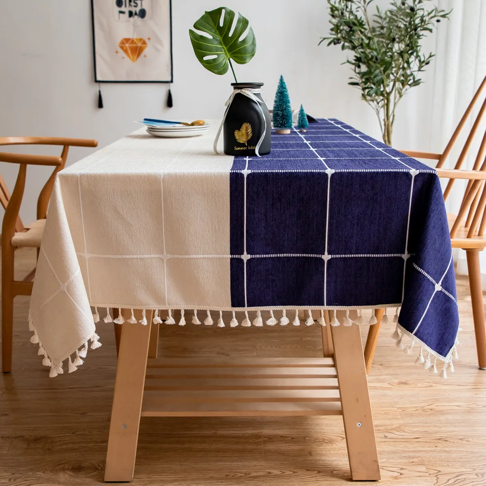 Plaid Two Tone Decorative Linen Tablecloth With Tassel Waterproof Oilproof Rectangular Wedding Dining Table Cover Table Cloth