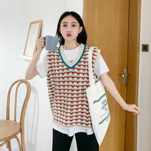 Осенний свитер, жилет для женщин, модный вязаный жилет без рукавов с v-образным вырезом, Женский пуловер с геометрическим узором
