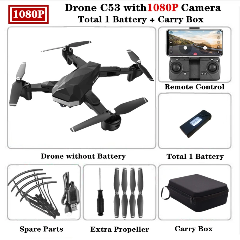 RC Drone C53 складной Дроны для селфи с 4K HD Двойная камера оптический поток следующий Квадрокоптер VS XS809S XS812 Вертолет игрушка - Цвет: 1080P-Carry Box-1