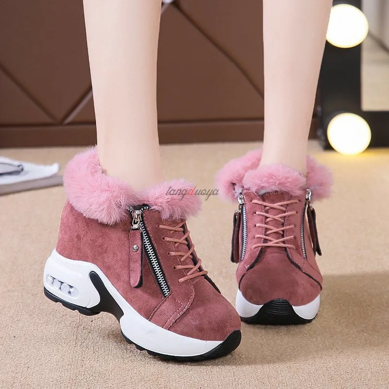 Zapatos deportivos de Invierno para mujer, botines de piel, zapatos de plataforma para aumento de altura, color rosa y de correr| - AliExpress