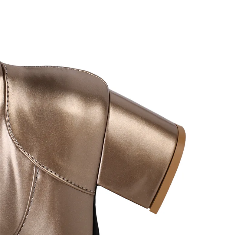 ESRFIYFE New Woman Rubber Boots Square Heels Knee-High Round Toe Boots PU Leather Zip Boots Ladies Party Dress Dance Shoes