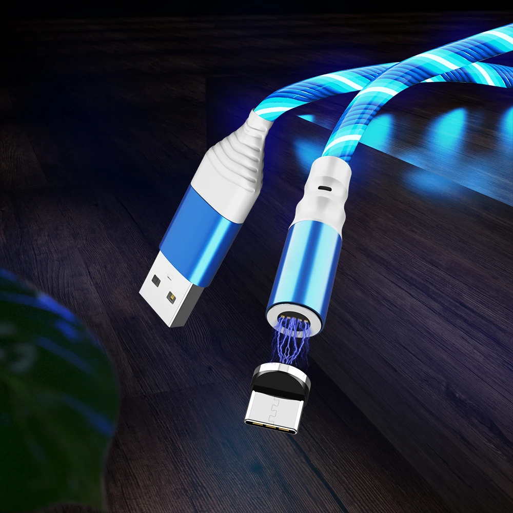 blue Течёт светодиодный индикатор передачи данных Магнитный зарядный кабель 1 м Магнитный кабель usb type C кабель Micro USB кабель для iphone - Цвет: blue