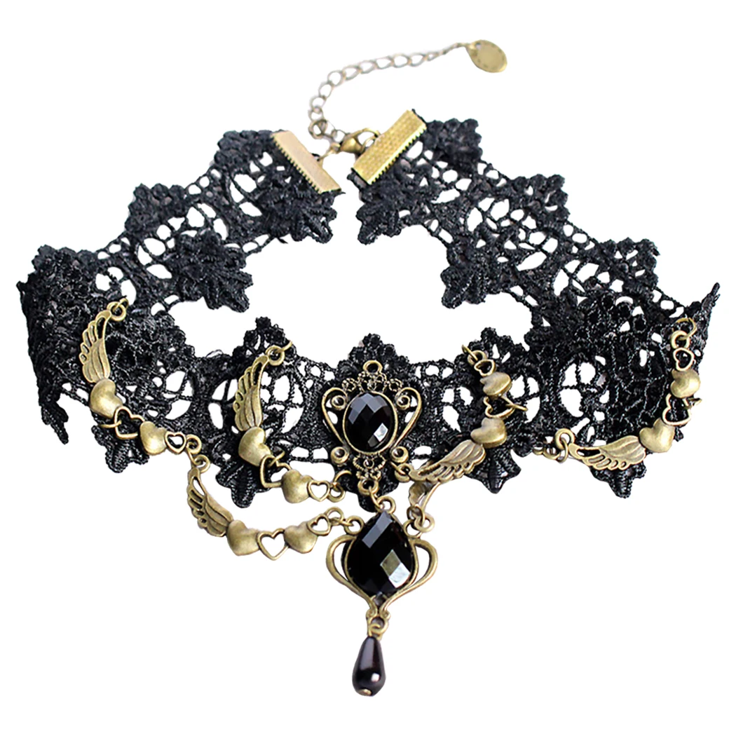 Сексуальные Collares Чокеры в готическом стиле кристально черное кружевное ожерелье, колье винтажное викторианское женское чокер стимпанк ювелирные изделия - Окраска металла: 2