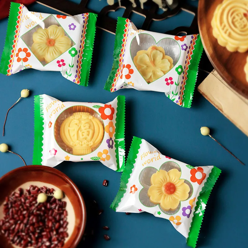 Aq 100Pcs/Lot The Breath Of Spring Green Border White Frosted Colorful Flower Transparent Window 4 In 1 Moon Cake Packaging Bags