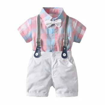 

Baby Boys Stripes Plaid Tees Shirts and Overall Pants 2pcs Sets Western Summer New Fashion Children Boy Clothes