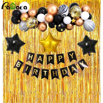 

1set Happy Birthday Letter Banner Balloons Gold Black Latex Foil Five-pointed Star Balloons Backdrop Curtain Party Decorations