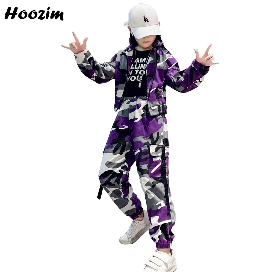 

High Street Sport Suit For Girls 7-13 Years Purple Elastic Hem Camouflage Jacket+Slimming Pencel Hip Hop Pants Set Children 2019