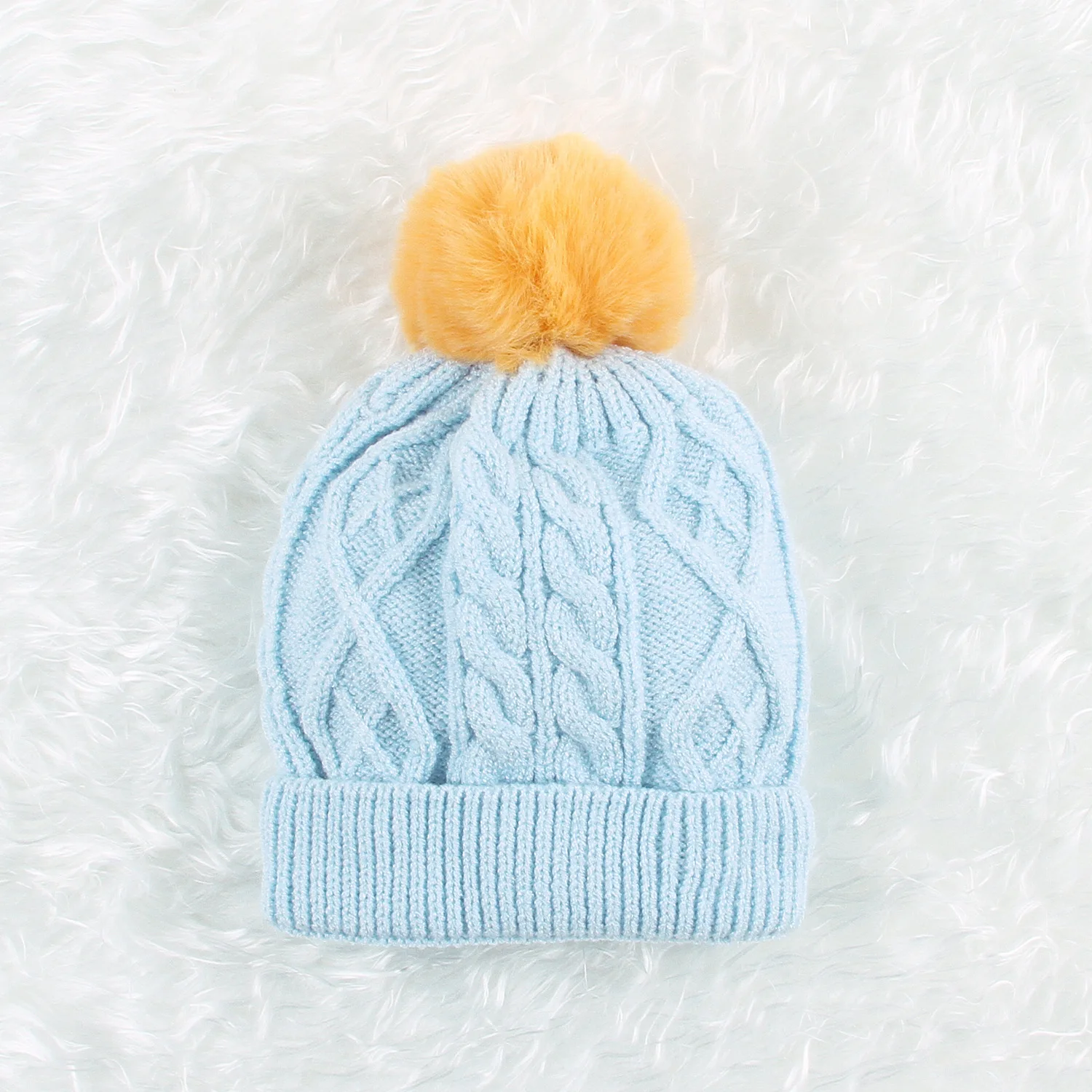 

Autumn New Style Boys and Girls Color Knitted Hat Wool Ball Newborn 0-3 Months Baby Full Moon Hat Knitted Hat Wool Dome Blue