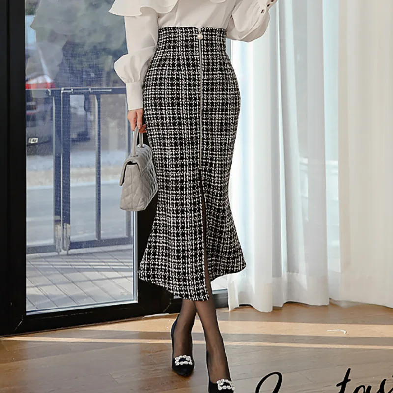 

2019 Winter WOMEN'S Dress New Products Debutante Elegant Plaid Slim Fit Slimming Fishtail Long Skirts Woolen Sheath Skirt