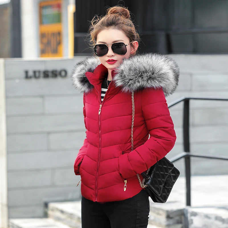 Женская теплая зимняя куртка модная женская пуховая куртка с капюшоном и меховым воротником однотонная тонкая женская куртка из искусственного лисьего меха
