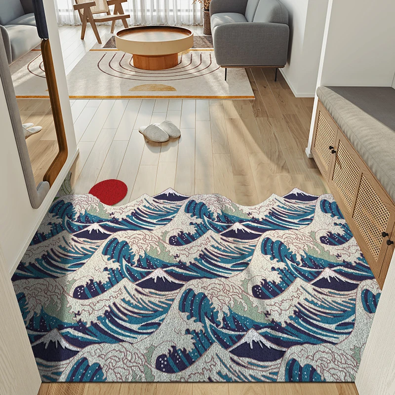 

Rubber Washable Rug Non-slip Hallway Carpet Doormat Wave Sun Waterproof Easy Clean Carpet Entryway Resist Dirt Trapper Rug Mats