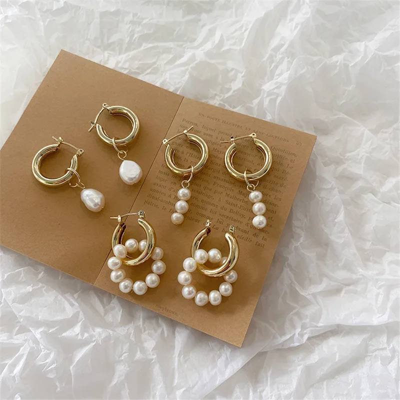 Baroque Pearl Gold Color Hoop Earrings For Women Thick Circel Round Hoops Pearl Beads Ear Rings Korean 2020 Jewelry - Image 2