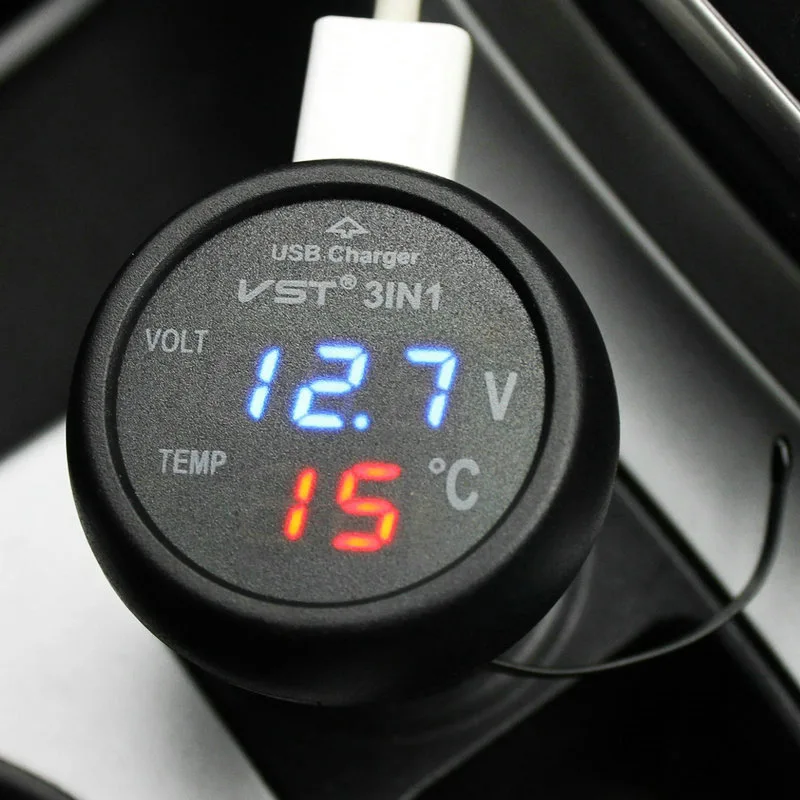 12V/24V Digital Meter Monitor 3 in 1 LED USB Car Charger Voltmeter Thermometer Car Battery