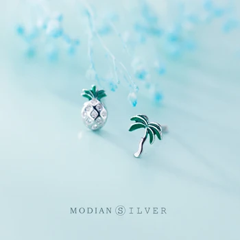 

MODIAN Green Enamel Cute Pineapple Coconut Tree Stud Earring for Women 925 Sterling Silver Asymmetry Plant Ear Pin Fine Jewelry