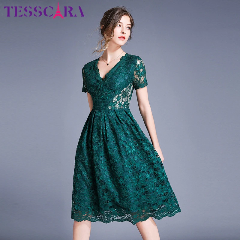 TESSCARA женское летнее элегантное зеленое кружевное платье Festa Женская Высококачественная Офисная Женская одежда для вечеринки с v-образным вырезом дизайнерская повседневная одежда Vestidos