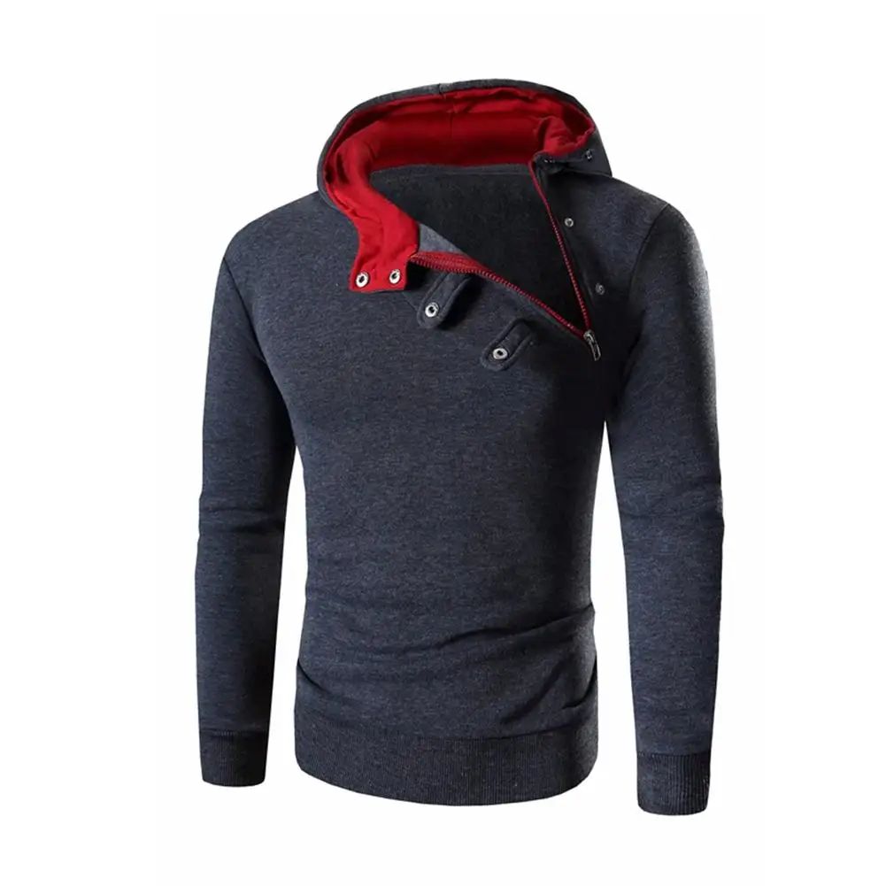 

Sports Men Oblique Zip up Button Color Bl-ock Hoodies Slim Fitness Hooded Sweatshirt