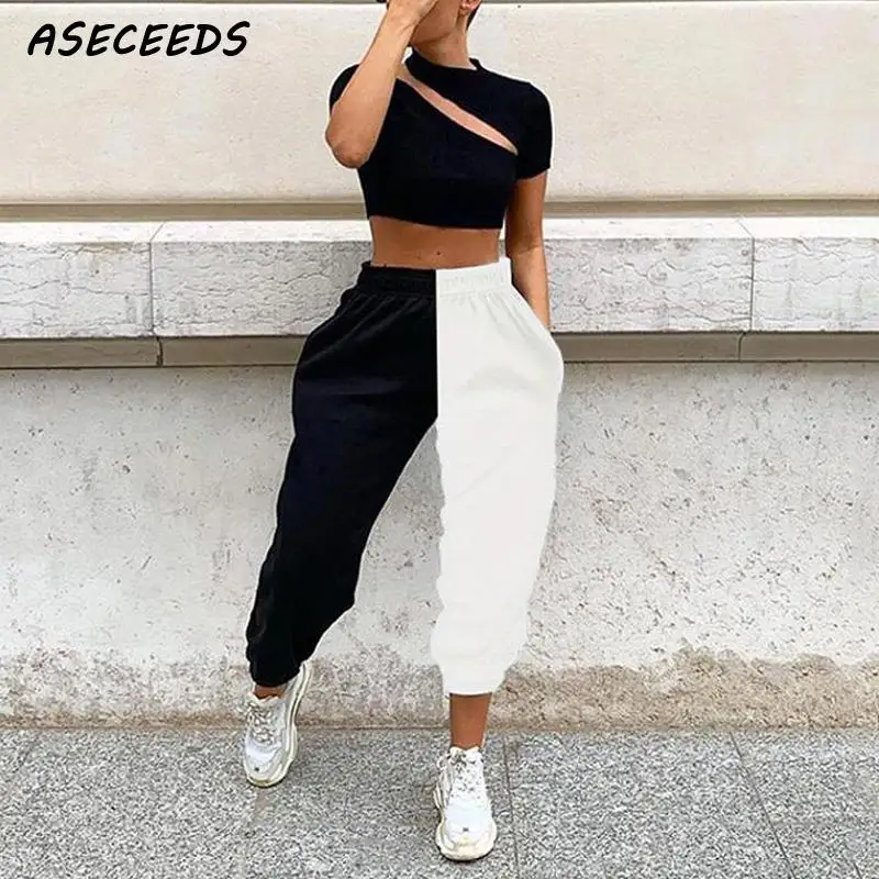 Женские тренировочные брюки в стиле пэчворк хлопковые с высокой талией хип-хоп