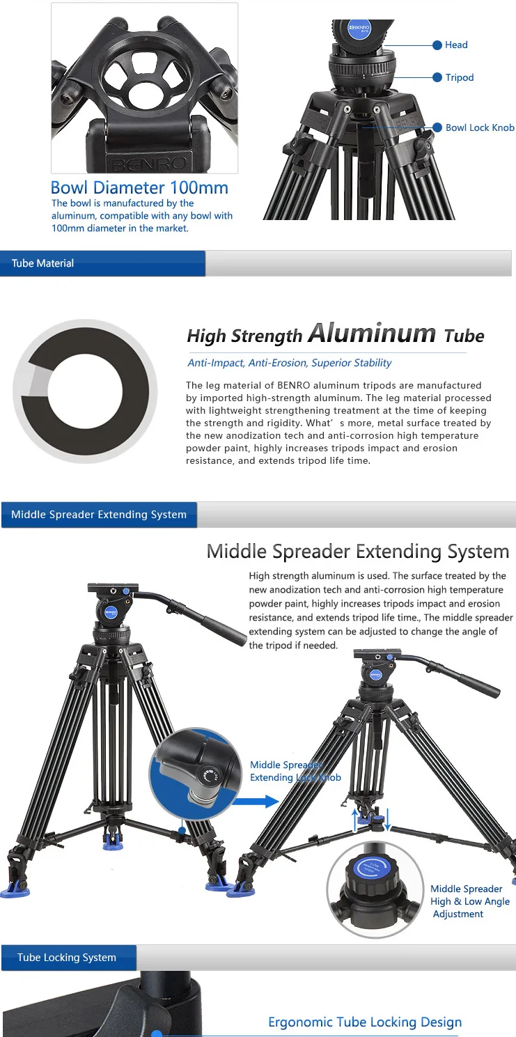 Benro BV10 алюминиевый сплав двойной ногой видео штатив Комплект Максимальная загрузка 10 кг включает в себя видео головка для DSLR камеры видео