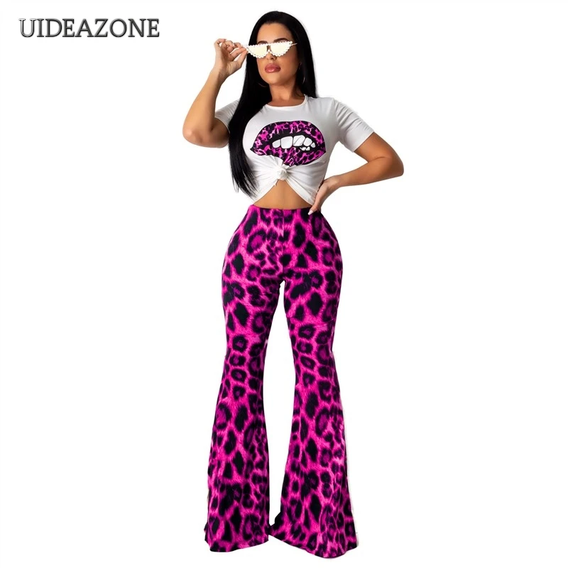 UIDEAZONE Leopard Mouth Print Women Two Piece Set Casual O Neck Pullover T Shirts Flare Pants Ladies 2Pcs Sets 2 Pieces Suits