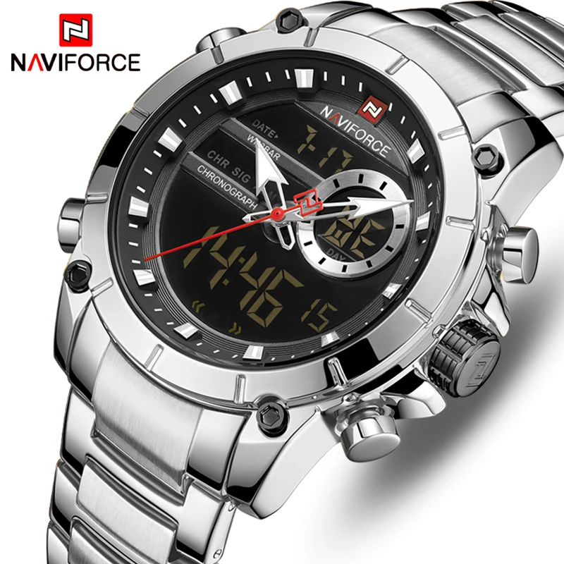 NAVIFORCE мужские часы Лидирующий бренд модные серебряные с двойным дисплеем s из