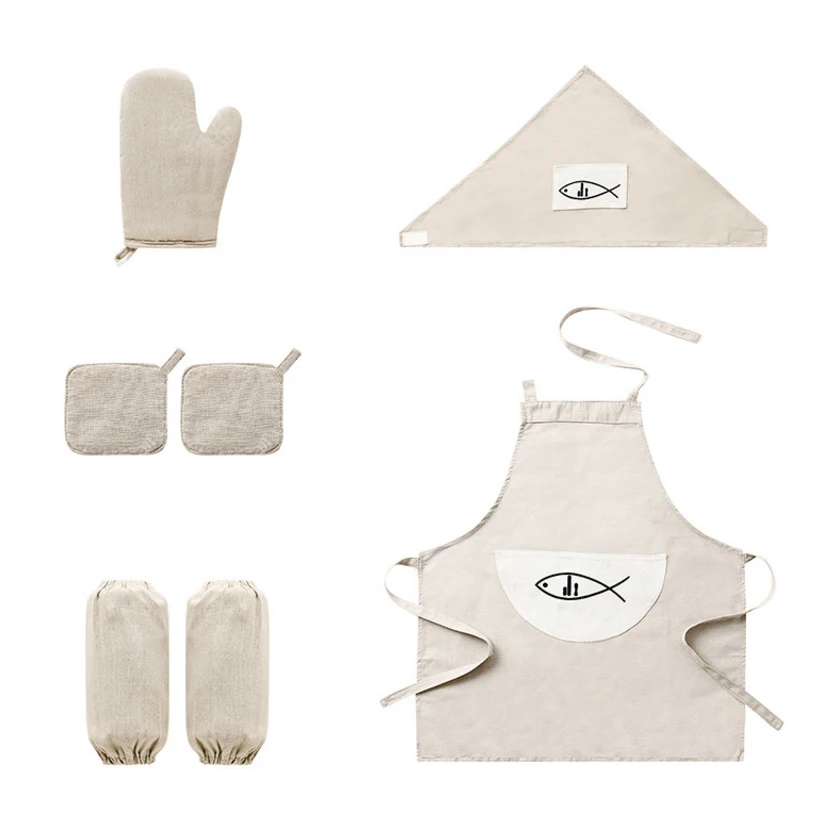 Beige six-piece set Шесть частей хлопок и лен простой фартук рукава женские изоляционные перчатки головной платок подставки Мужская семья кухонный набор для готовки - Цвет: Beige six-piece set