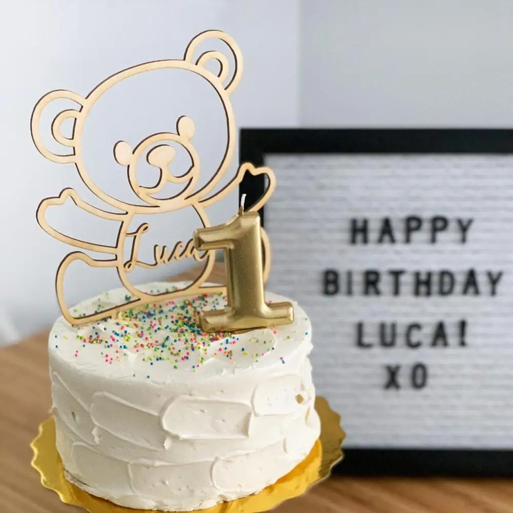 Медвежонок Baby Shower торт Topper с именем на заказ деревянный медведь день рождения