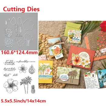 

Birthday Pineapple Palm Tree Clear Stamps with Metal Cutting Dies For Diy Scrapbooking Embossing Transparent Seal Handmade Paper
