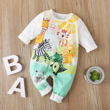 

New Autumn Baby Newborn Baby Rompers Long Sleeve Line Dinosaur Tiger Cute Soft Clothes Boys Cotton Jumpsuit High Quality 0-24M