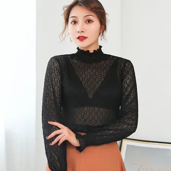 

Women's new solid color high neck long sleeve slim hollow lace T-shirt red