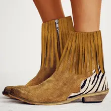 Женская прогулочная обувь; ботинки с кисточками; женские ботильоны на плоской подошве с рисунком зебры; женские пикантные ботинки на квадратном каблуке с острым носком на молнии; Botas Mujer