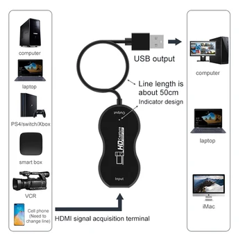

USB2.0 To HDMI Portable Game Recorder Video Card Plug And Play Live Streaming Universal Home Office 4K 1080P 30fps Audio