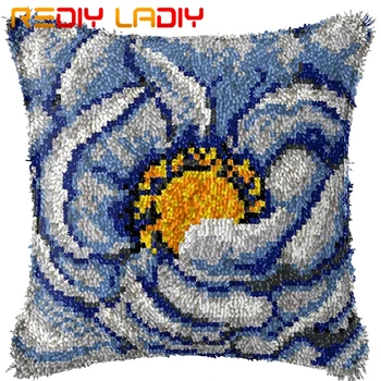

Latch Hook Cushion Blue Poppies Pillow Case Acrylic Yarn Sofa Pillow Printed Color Canvas Crochet Cushion Cover Arts & Crafts