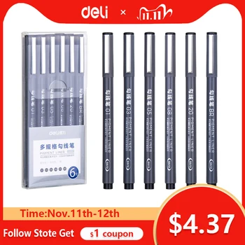 

Deli 6pcs haak lijn pen set Fijne Hand Geschilderd Dunne Haak Lijn Pen Kunst Levert Tekening zwarte kunst student verf Pen Borst