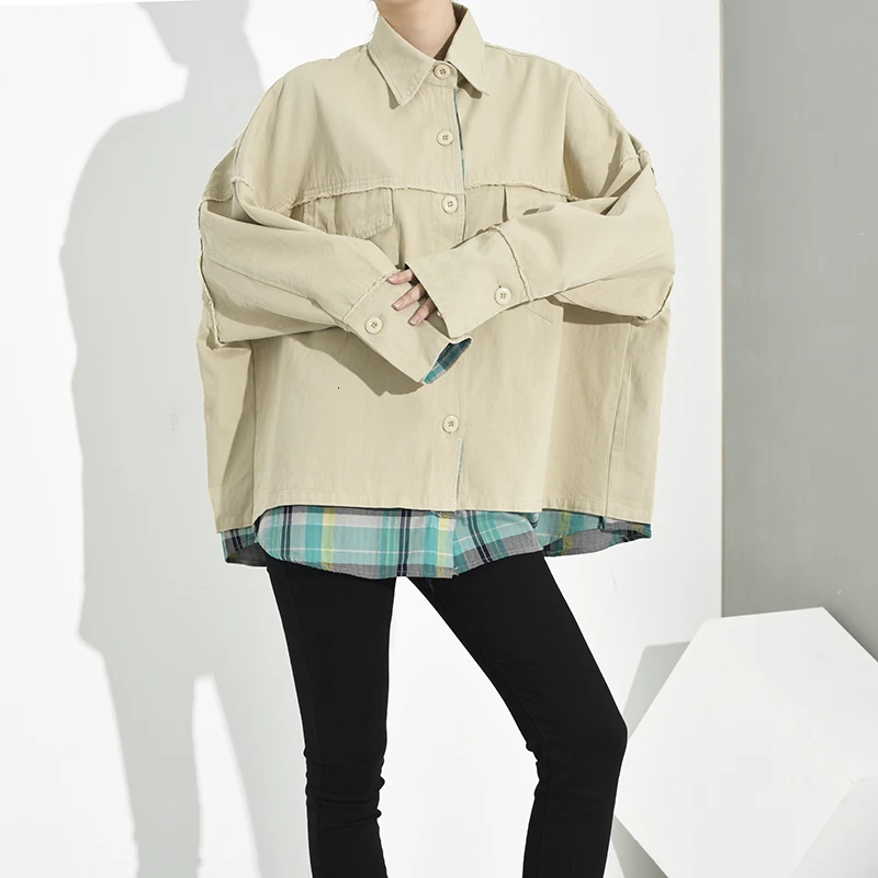 [EAM] Свободная клетчатая Свободная куртка большого размера, новая женская куртка с отворотом и длинным рукавом, модное осенне-зимнее пальто JZ686