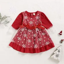 Осеннее милое рождественское платье принцессы со снежинками и бантом для новорожденных