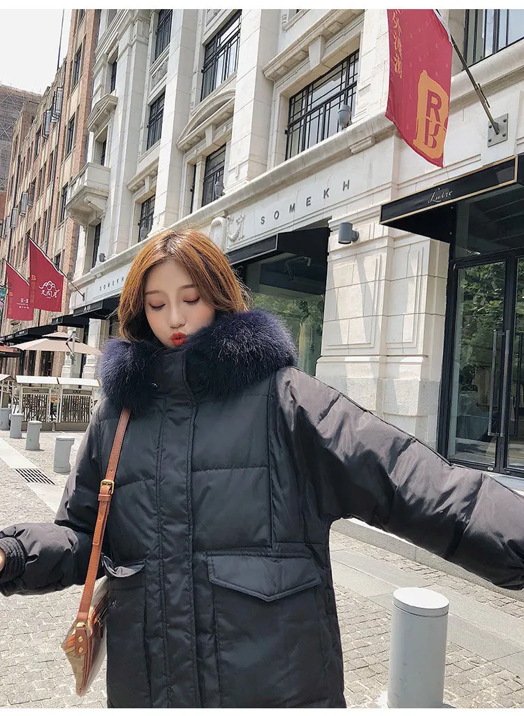Пуховик средней длины женский стиль Мода выше колена Южная Корея Dongdaemun воротник из натурального меха енота белая утка