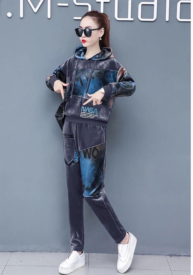 Plus Size Velvet Two 2 Piece Set Tracksuit For Women Warm Thick Outfits Hoodies Pant Suit Winter Festival Clothing Matching Sets