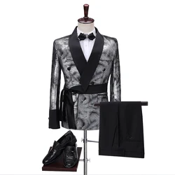 Men's Suit Designs Slim Shiny Silver Smoking Jacket Italian Tuxedo Dress Double Breasted 2 Pieces Men Suits For Wedding Groom