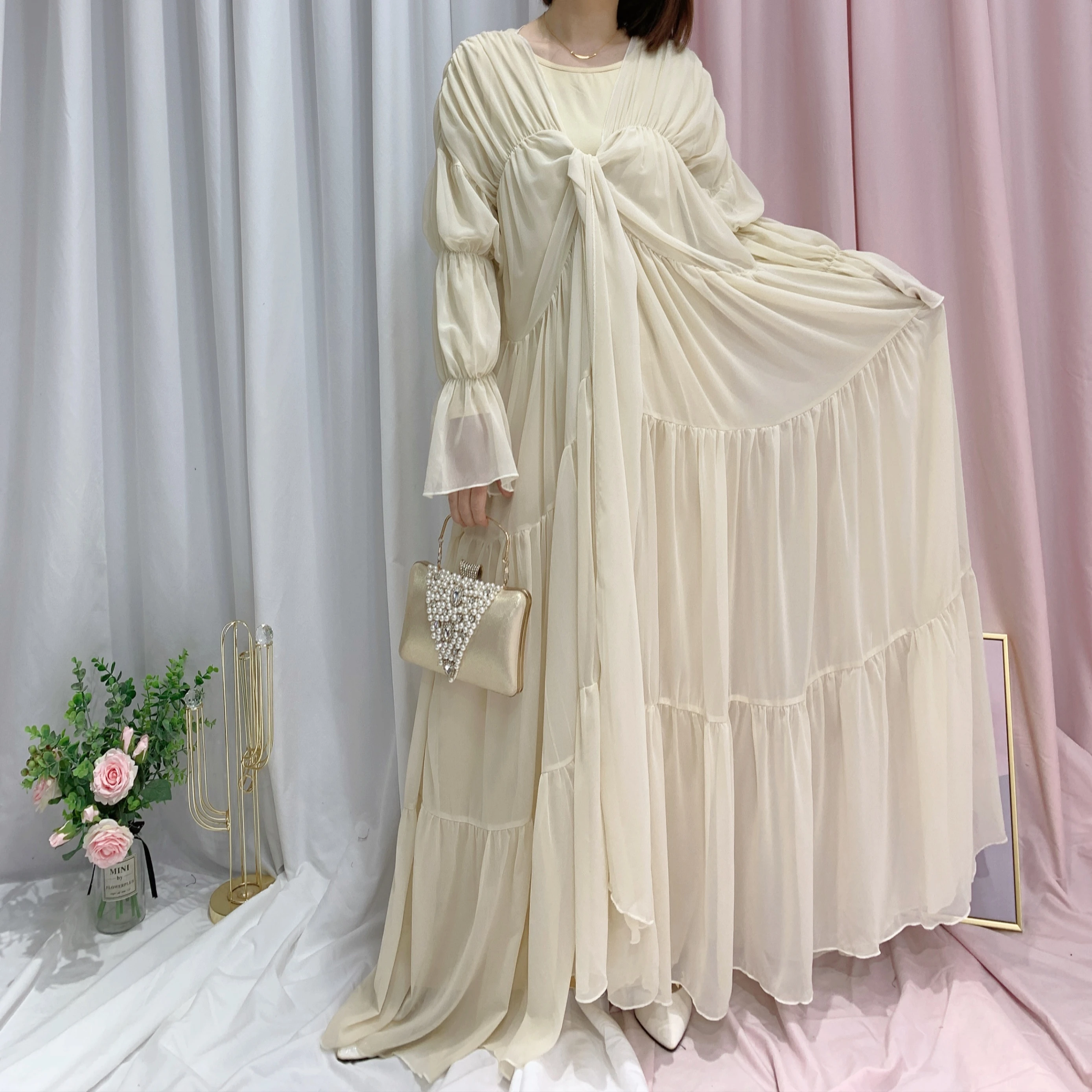 Ramadan Eid Tunic Puff Sleeve Cardigan Muslim Abayas Kimono Musulmane