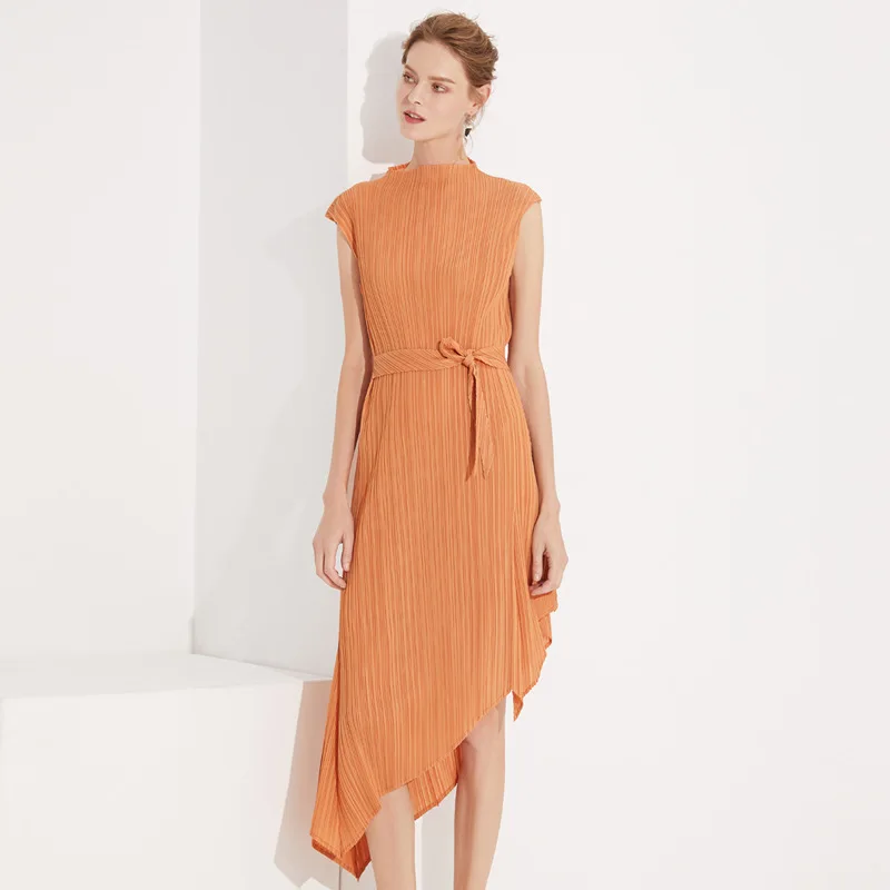 

Origional Belt Asymmetric Skirt 2019 Summer New Products Europe And America Elegant WOMEN'S Dress Mock-Neck Sleeveless Dress Who