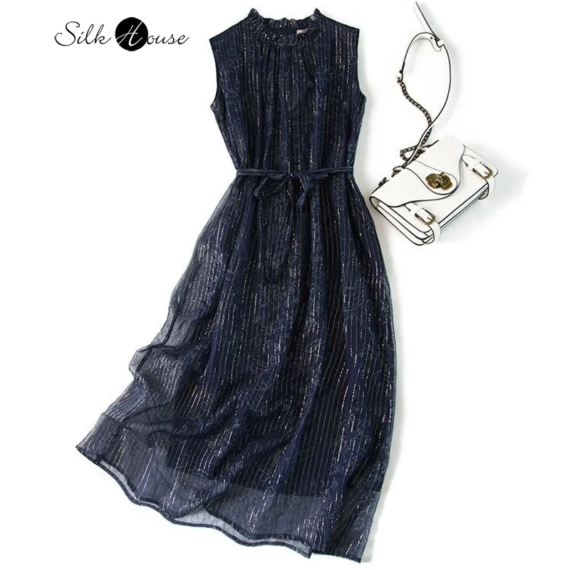 

Gold Thread Bronze Flower Printing Lady Temperament Ageing Fashion Fungus Collar Silk Dress Women