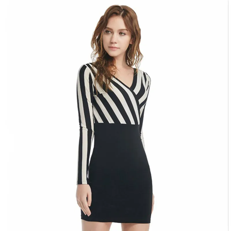 

Autumn Striped Stitching Long Sleeve Pullover Dress Women V-Neck Slim Fit Dress