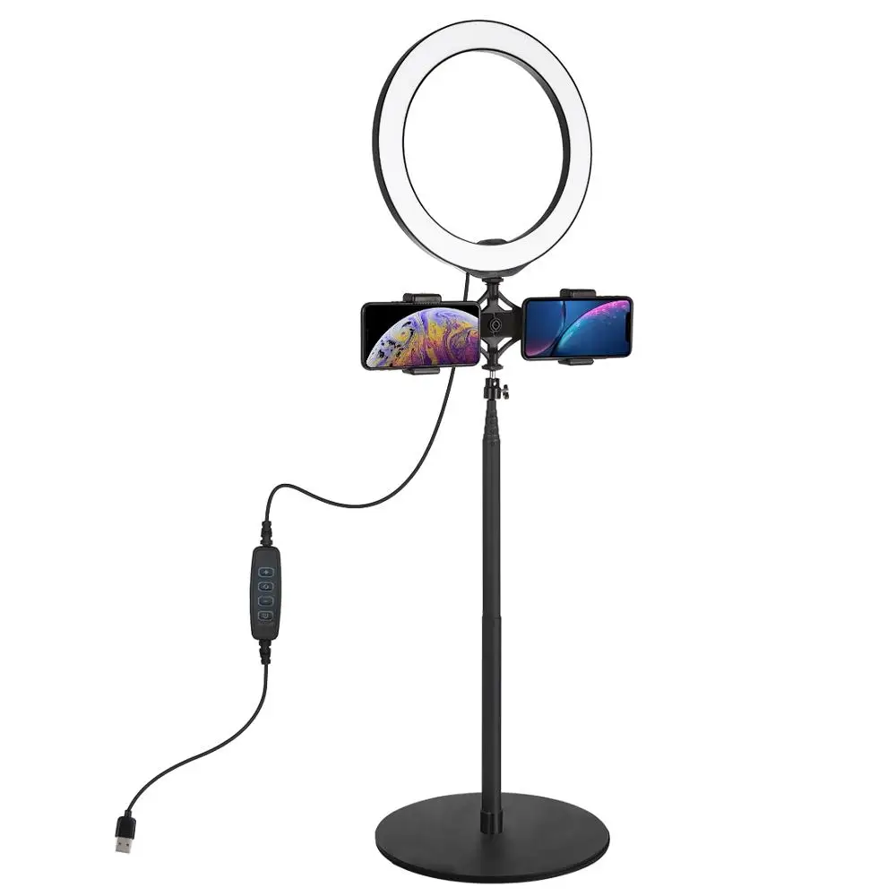 PULUZ 140cm Round Base Desktop Mount+ Live Broadcast Dual Phone Bracket+ 10.2 inch 26cm LED Ring Vlogging Video Light Kits
