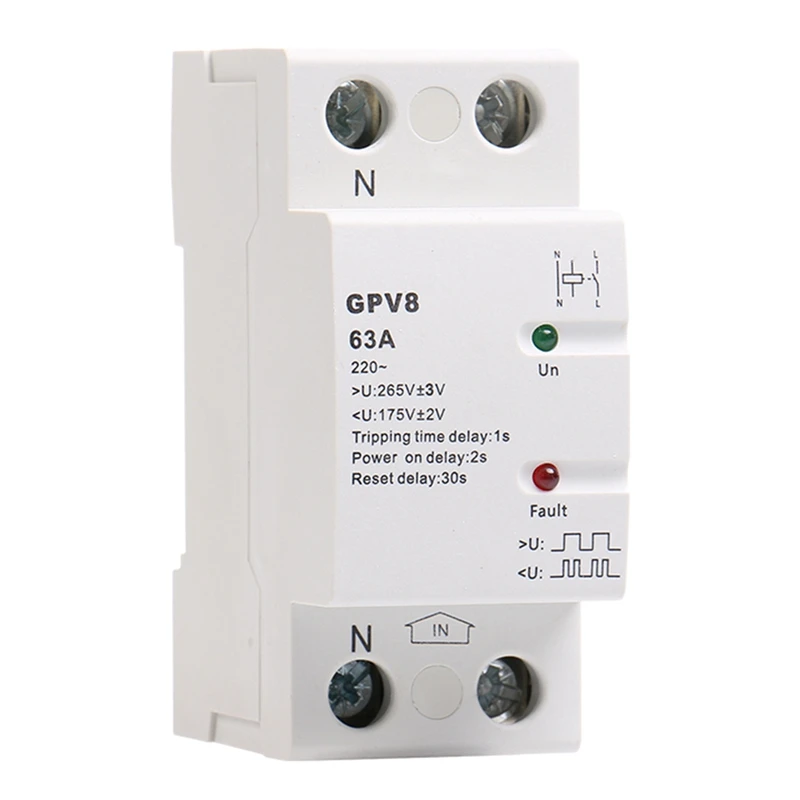 

Din Rail Automatic over Under Voltage Protector 220V AC Single Phase & Three Phase Self Resetting Protector GPV8-63D 2P 63A