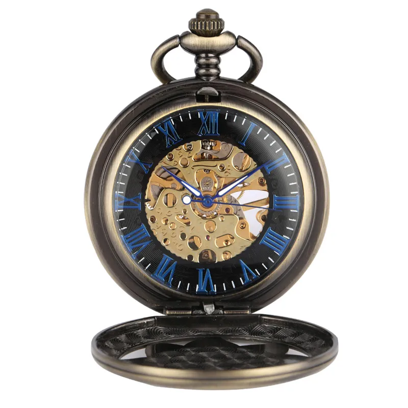 Exquisite Luxury Lotus Flowers Unisex Mechanical Hand Wind Pocket Watch Carving Bronze Skeleton Fob Watches Clock Best Gift Relo