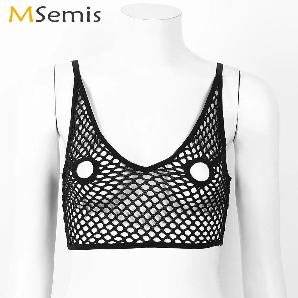 

Women Lingerie Erotic Hollow Out Nipples Bra Top Sexy Sheer Netted Longline Crop Top Femme Spaghetti Straps Cheeky Bralette Vest
