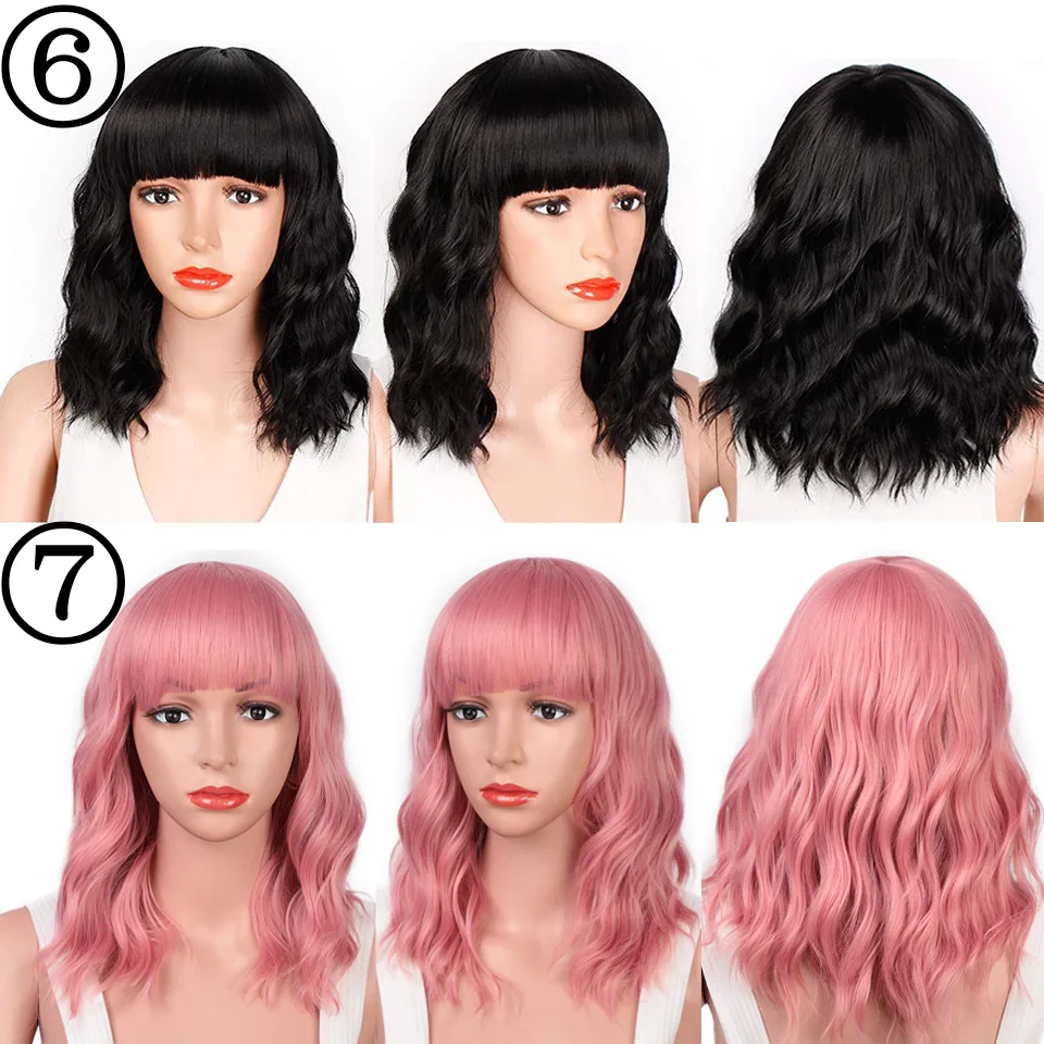 AISI волосы короткие розовые волнистые парик синтетические парики для женщин с взрыва Черный Фиолетовый Красный волна парик можно Косплей натуральные волосы