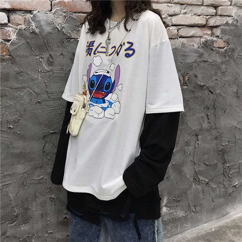 NiceMix Женская Harajuku Винтажная футболка с длинным рукавом Ulzzang лоскутное письмо комический принт свободный Круглый Вырез Эластичный весенний зимний топ F