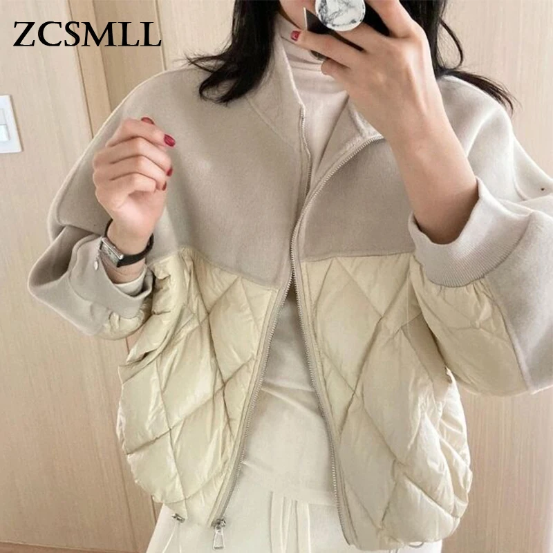 

ZCSMLL Korea autumn winter niche stand-up collar zipper woolen cloth stitching rhombus loose short cotton coat jacket women